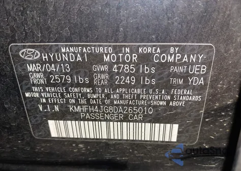 2013 Hyundai Azera z USA, uszkodzony, nr VIN KMHFH4JG8DA265010